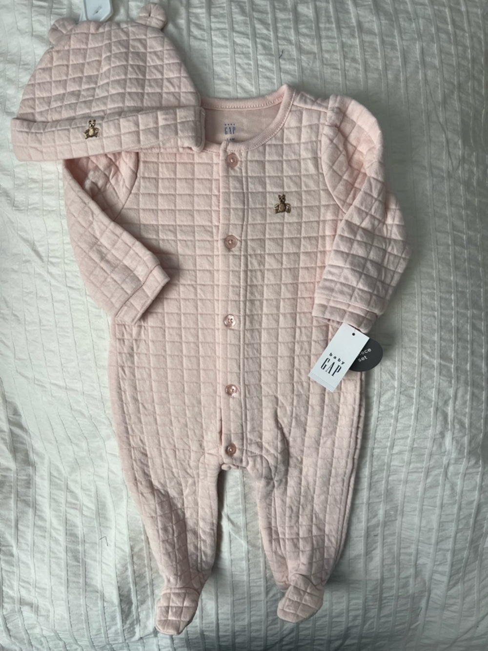 GAP Pink Quilted Footie One-Piece with Matching Hat